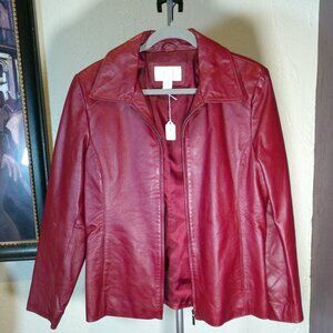 Vintage Worthington Women Red Genuine Leather Full Zip lined Jacket Pockets Sz M